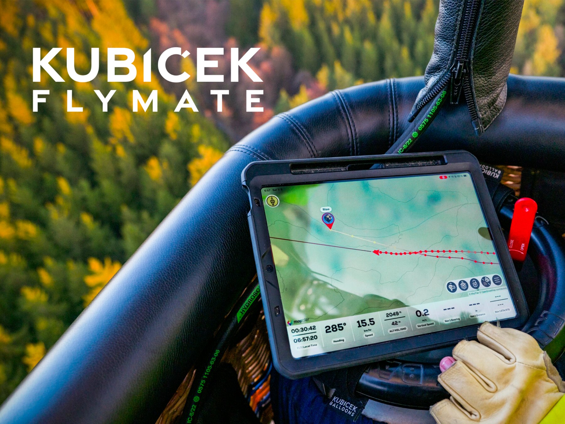 FlyMate running on a tablet in a balloon basket
